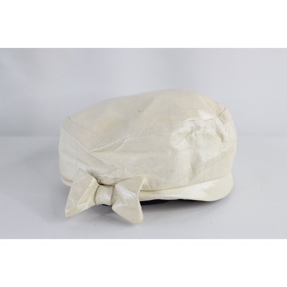 Vintage 50s Distressed Leather Bow Beret Hat Cap White Womens Size 22.5 USA main image 7